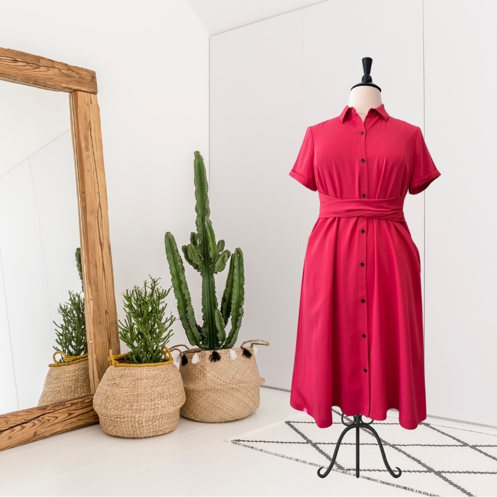 J.Jill Wearever Short Sleeve Button Down Sash Belt Midi Dress